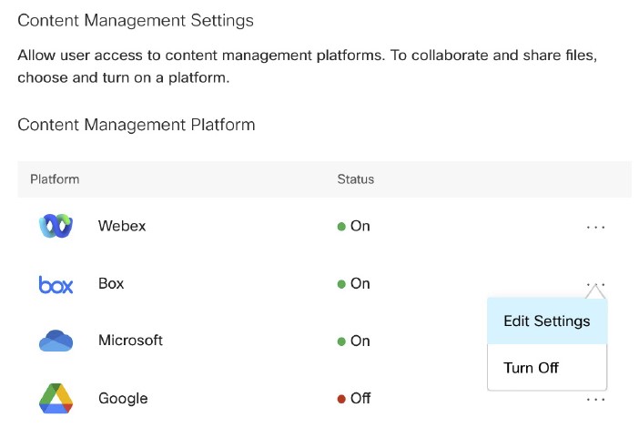 Paramètres de gestion de contenu dans le Control Hub, montrant l’option Modifier les paramètres