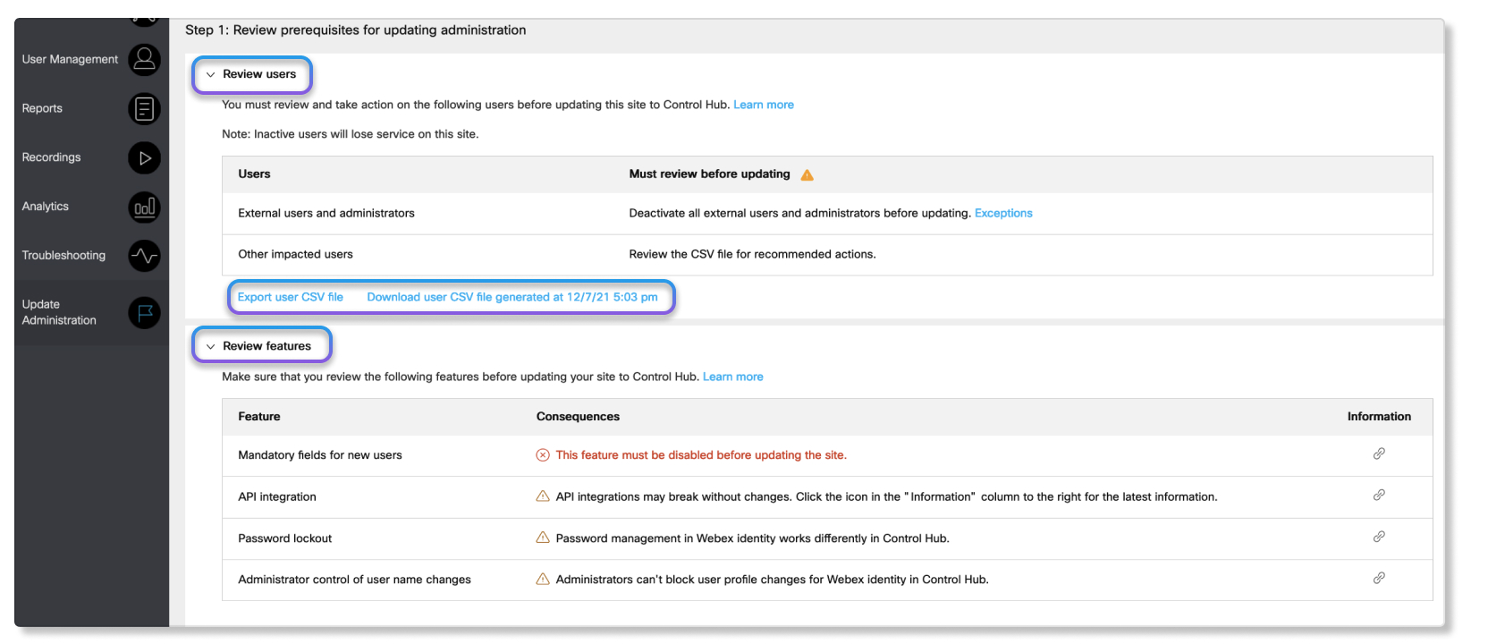 Assessing site before updating to Control Hub