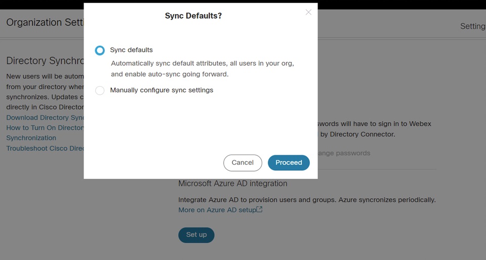 Az Azure AD szinkronizálás alapértelmezett beállítás beállítását bemutató kép