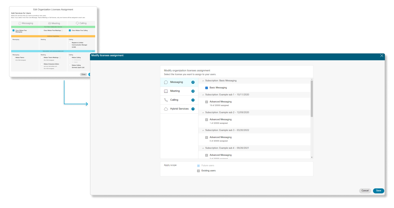 Se muestra el cambio de la pantalla de edición de licencias anterior para la plantilla de asignación automática de licencias a la experiencia de usuario actualizada