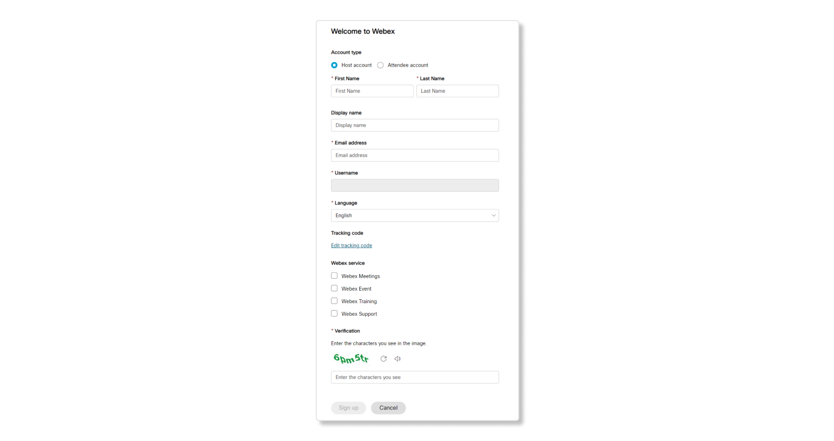 Self-sign up form for host account on a Webex site