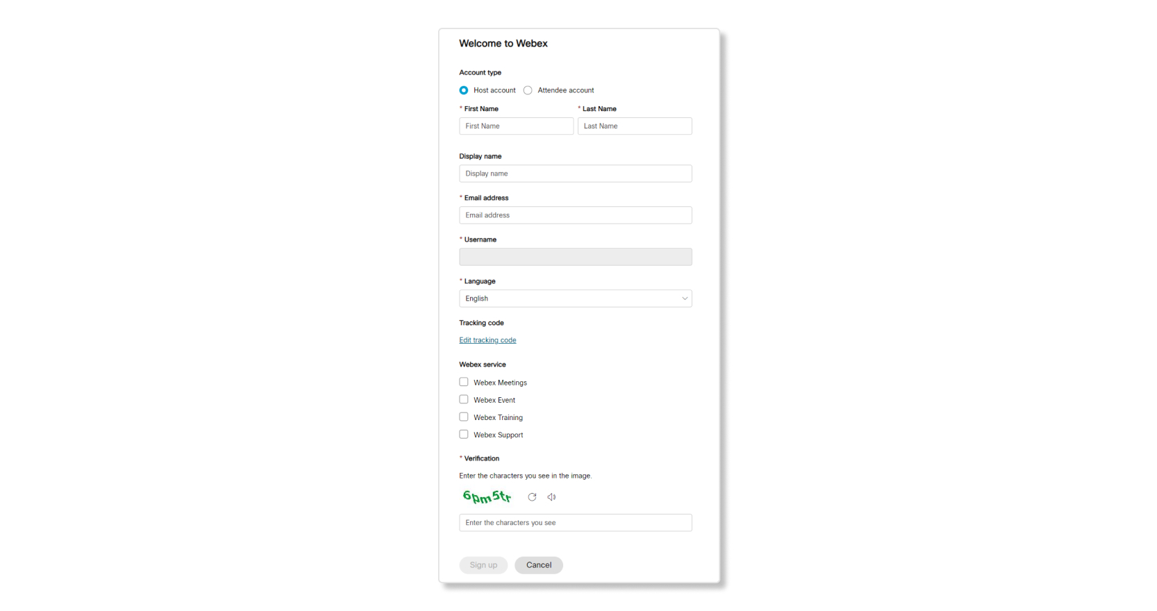 Formulario de autoregistro para la cuenta de organizador en un Sitio de Webex de inscribirse