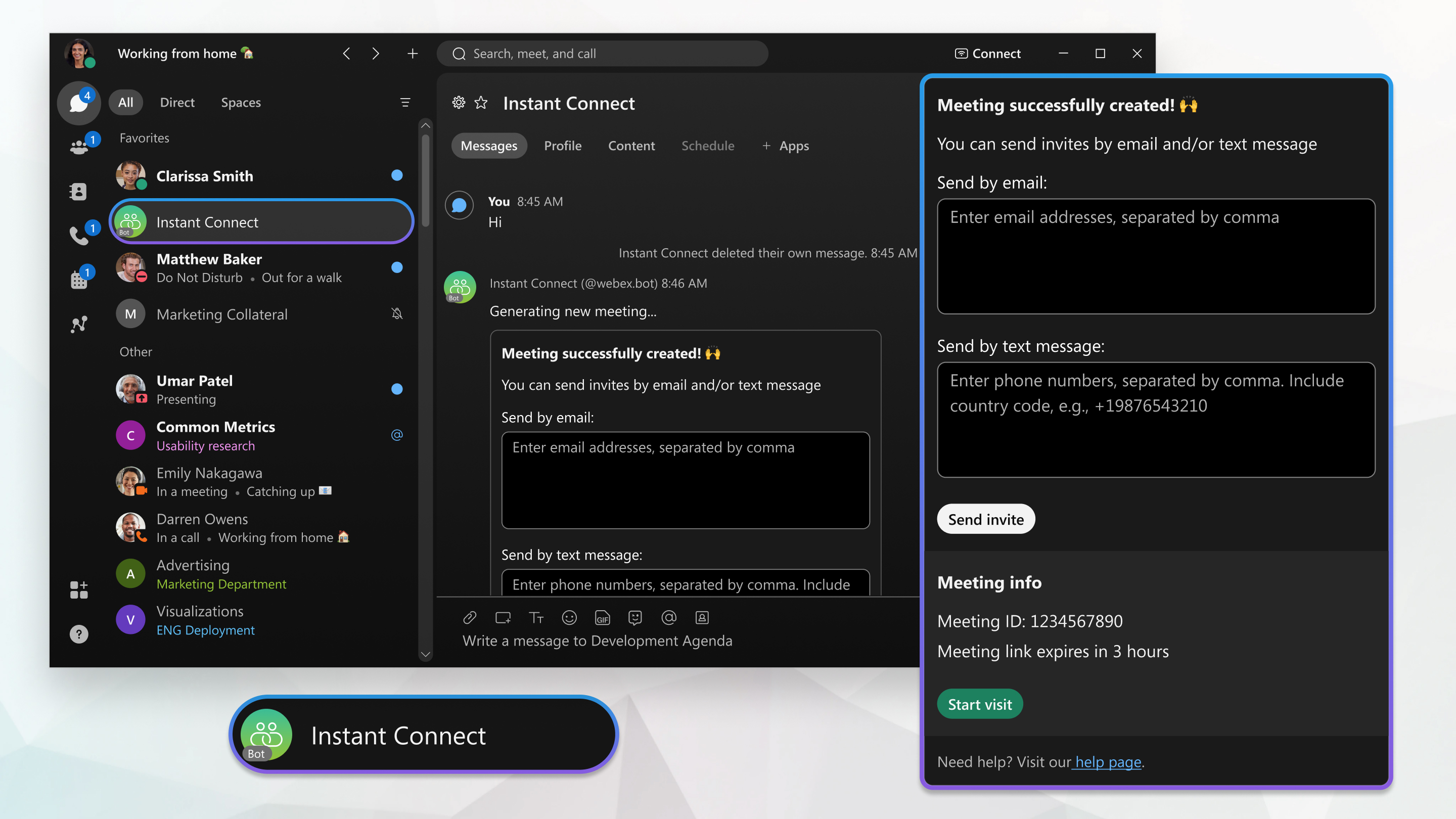 Using the instant connect bot to setup a meeting.