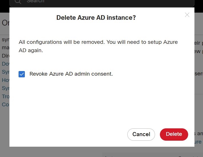 Изображение, показывающее окно Удалить для удаления экземпляра Azure AD