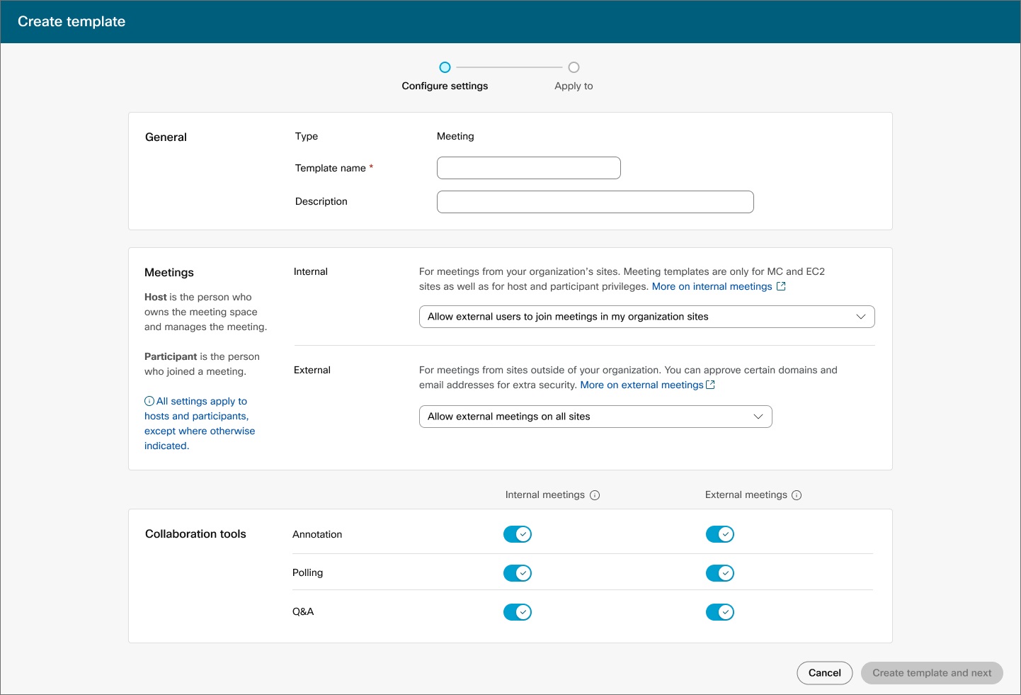 Image showing the UI on how to create a meeting template