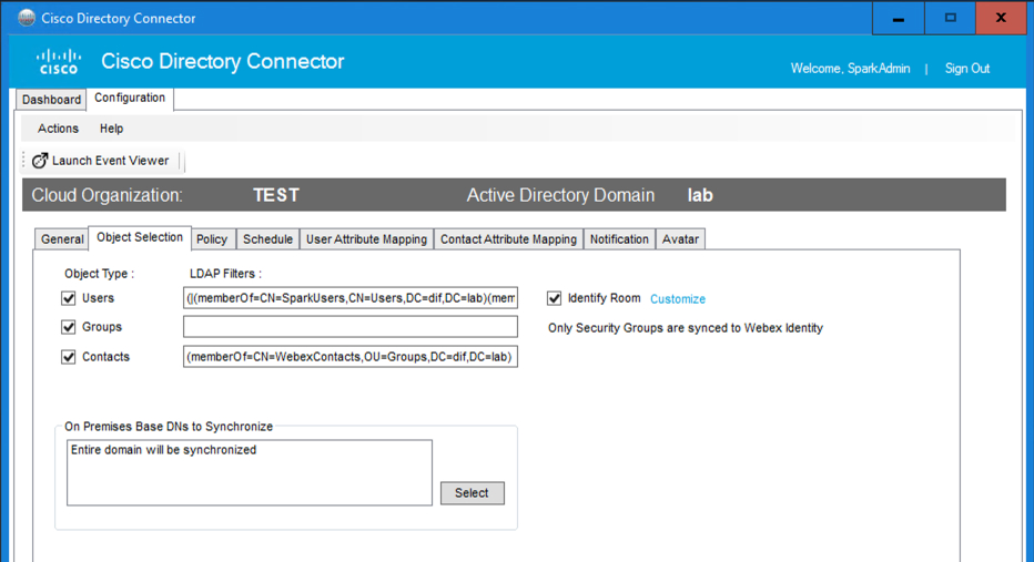 Ecran de selecție obiect în Directory Connector