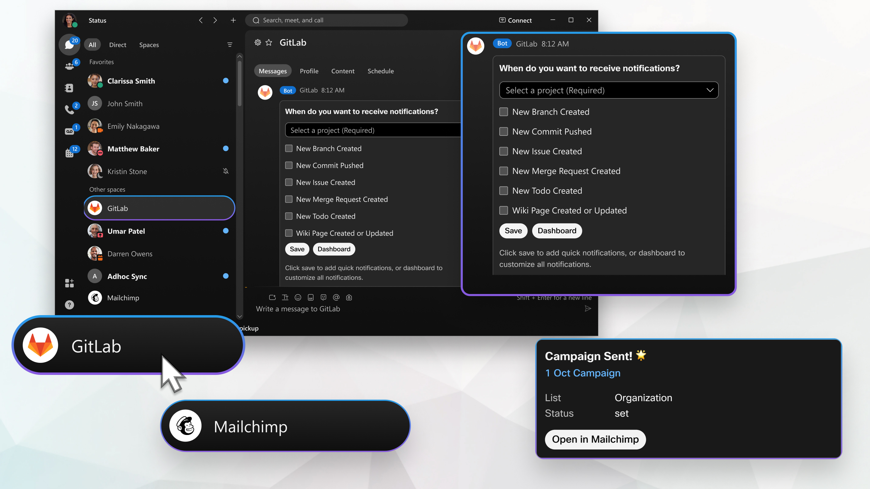 um usuário interagindo com vários bots Webex em diferentes espaços de mensagens