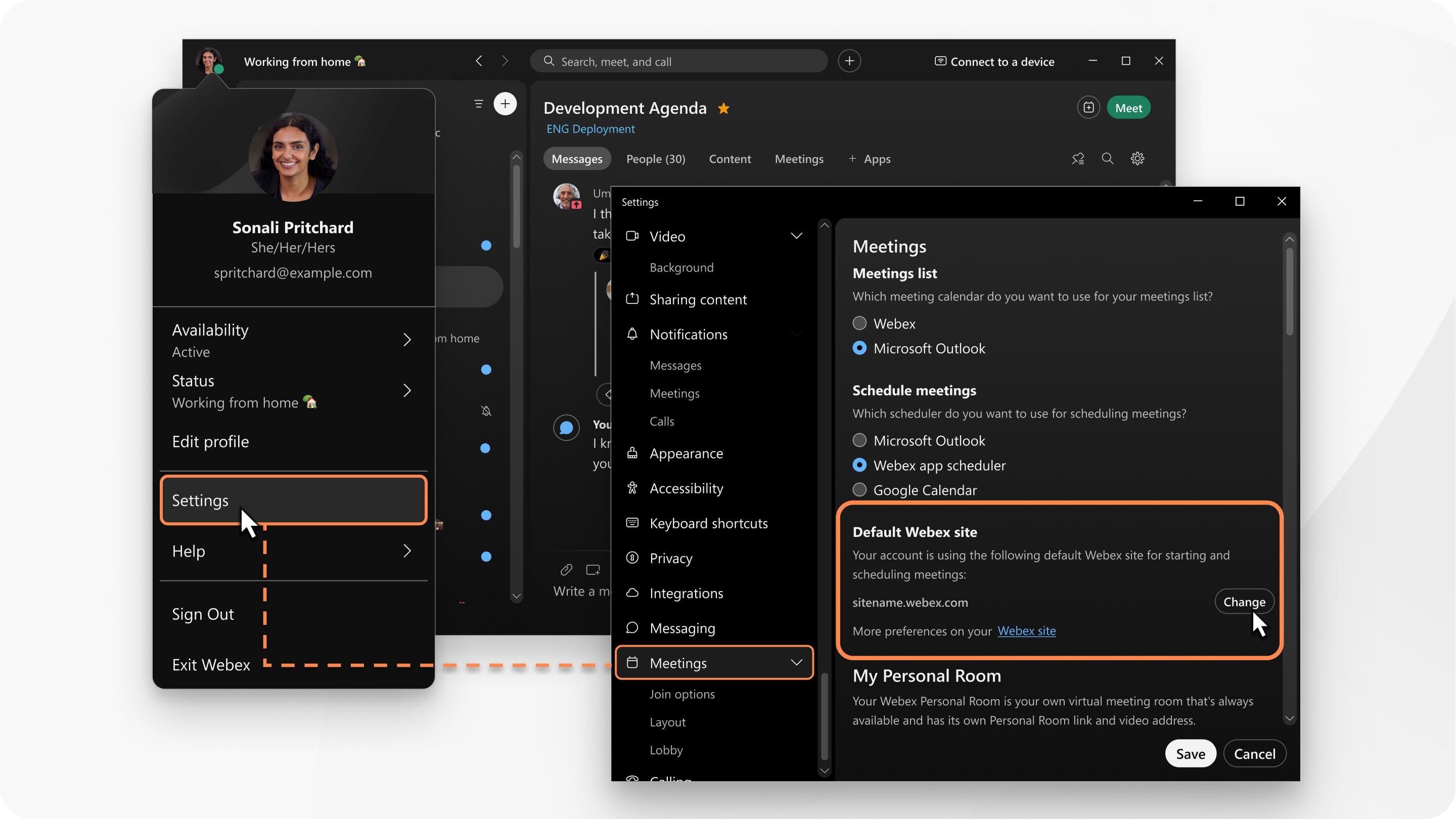 Change your default meetings site in the desktop app settings