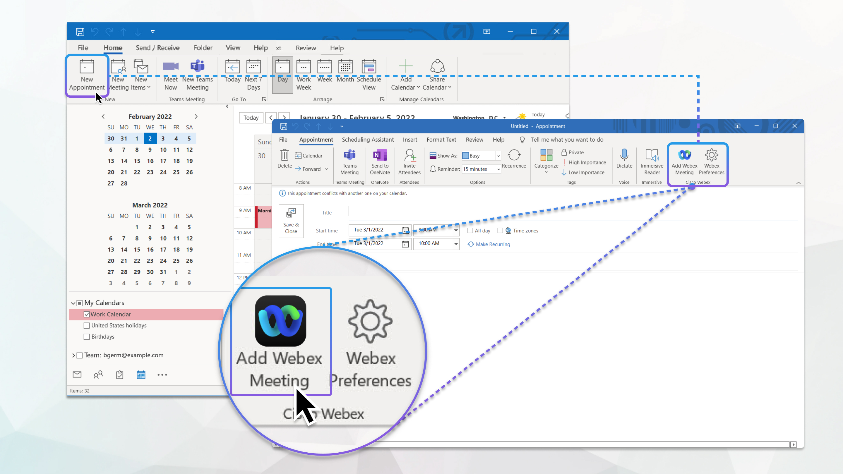 Entdecken Sie die Webex Funktion zum Ansetzen für Microsoft Outlook