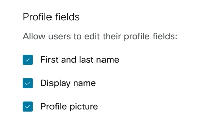 Profile fields: First and last name, Display name, and Profile picture, with corresponding check boxes.