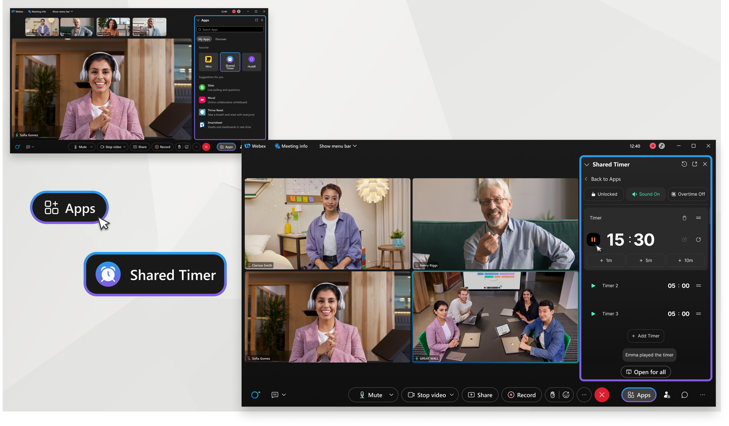 Utilizing the embedded apps during a meeting, featuring the Shared Timer.