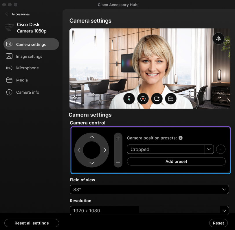 Screenshot dell'app desktop della videocamera