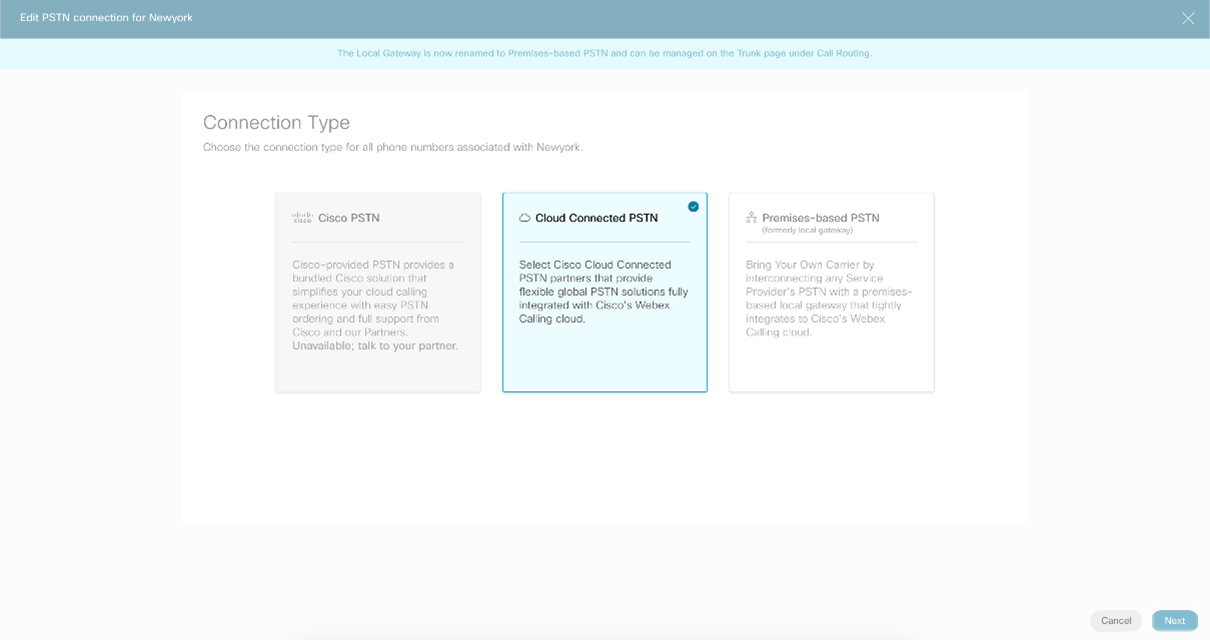 Cloud Connected PSTN auswählen