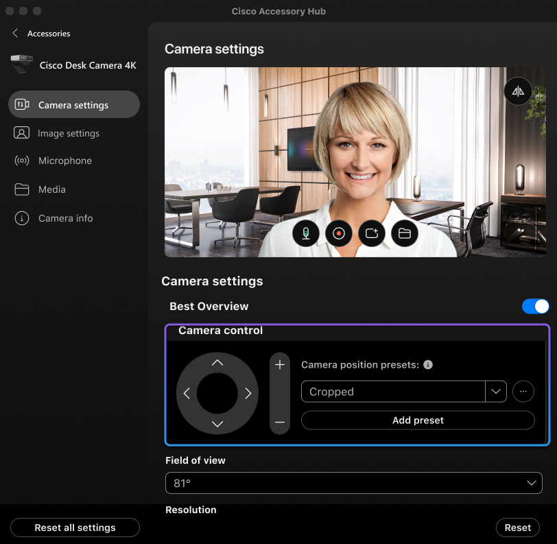 Screenshot dell'app desktop della videocamera