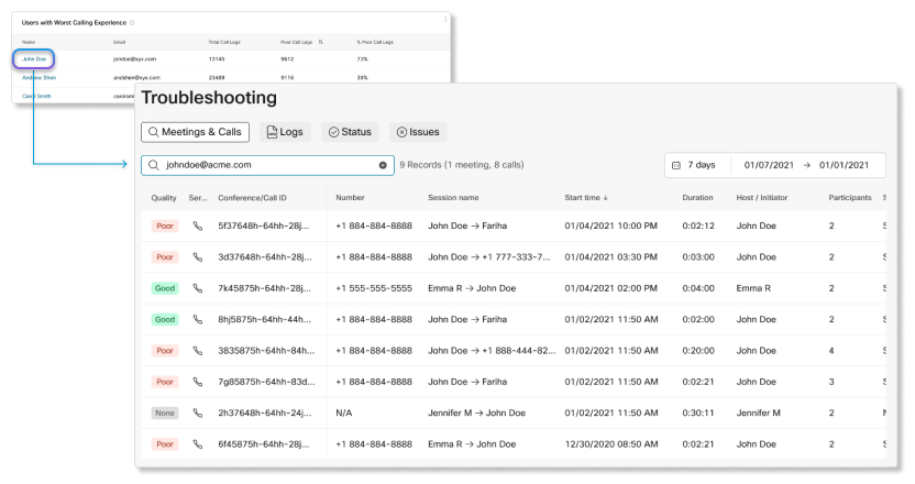 Cross launch into Troubleshooting from Calling Media Quality analytics example