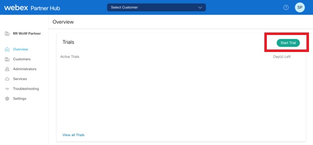 トライアルの開始ボタンが表示されているパートナー ハブ UI。