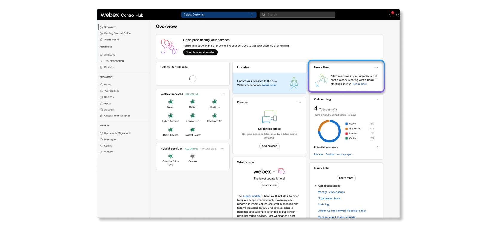 Basic Meetings-kort i Control Hubs oversiktsside