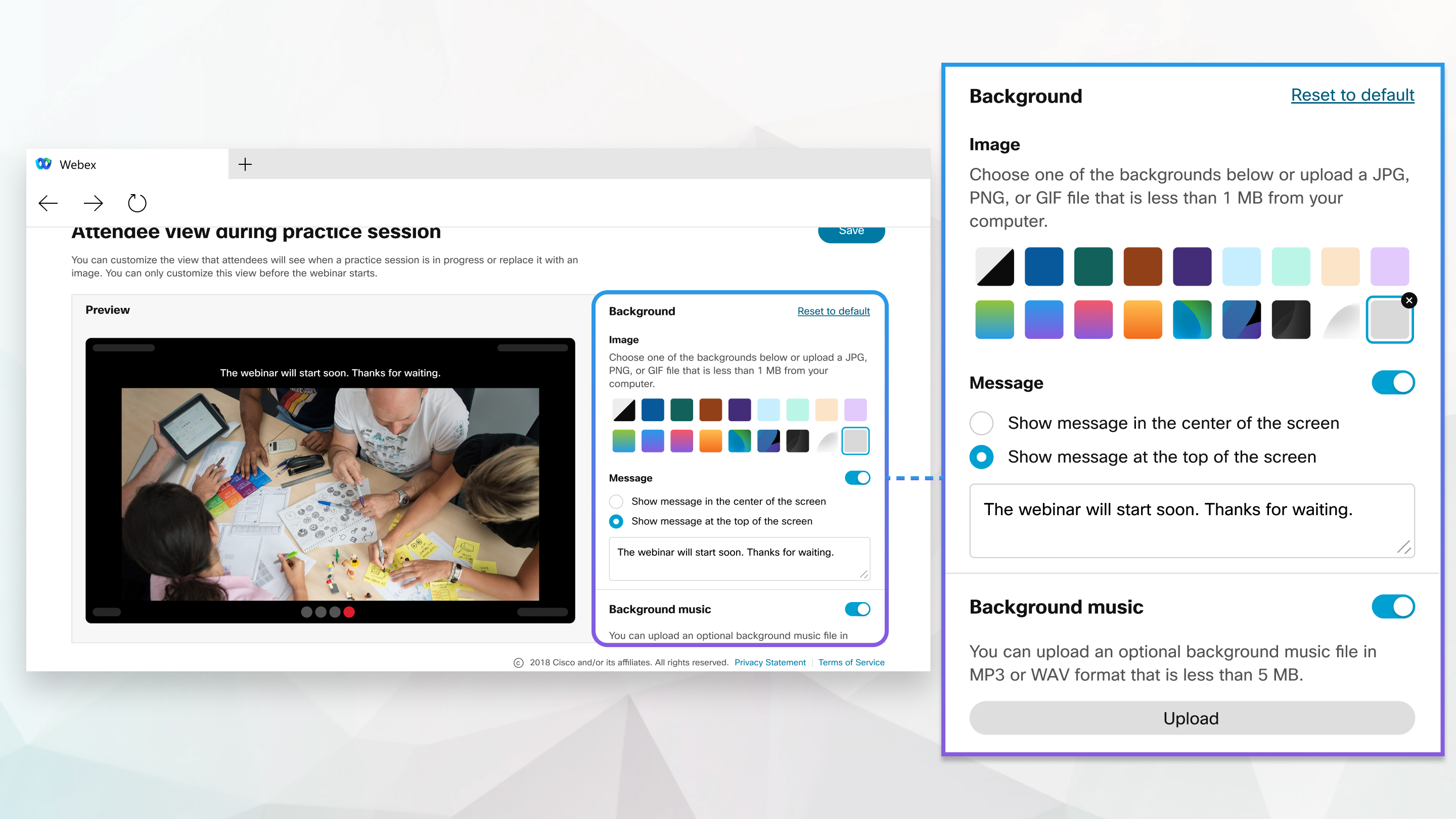 Upload an image, message, and music for your practice session in Webex  Webinars