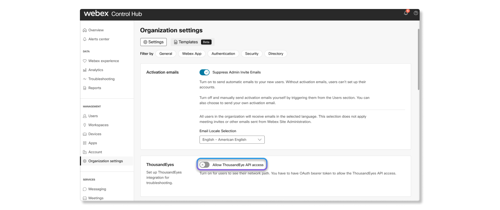 ThousandEyes setting in Control Hub