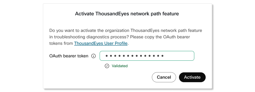 Activating ThousandEyes in Control Hub with a token