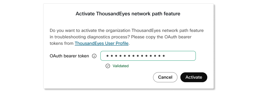 Aktivere ThousandEyes i Control Hub med et token