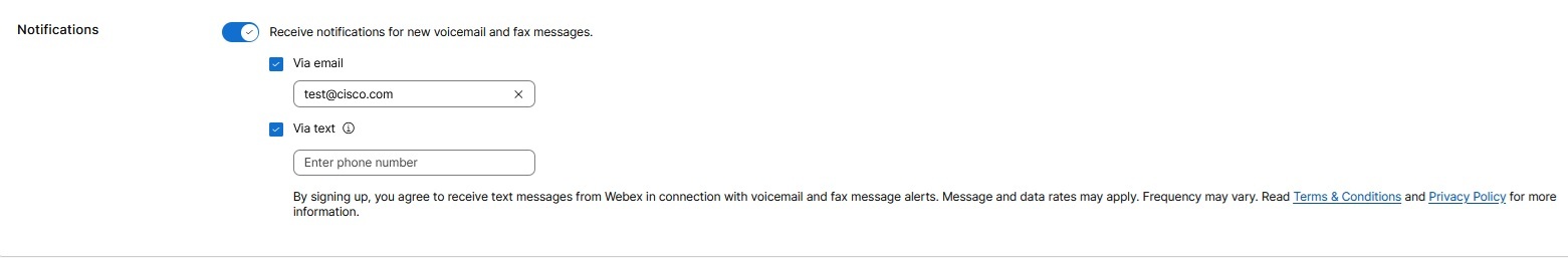 Receive voicemail notifications toggle enabled with via email field.