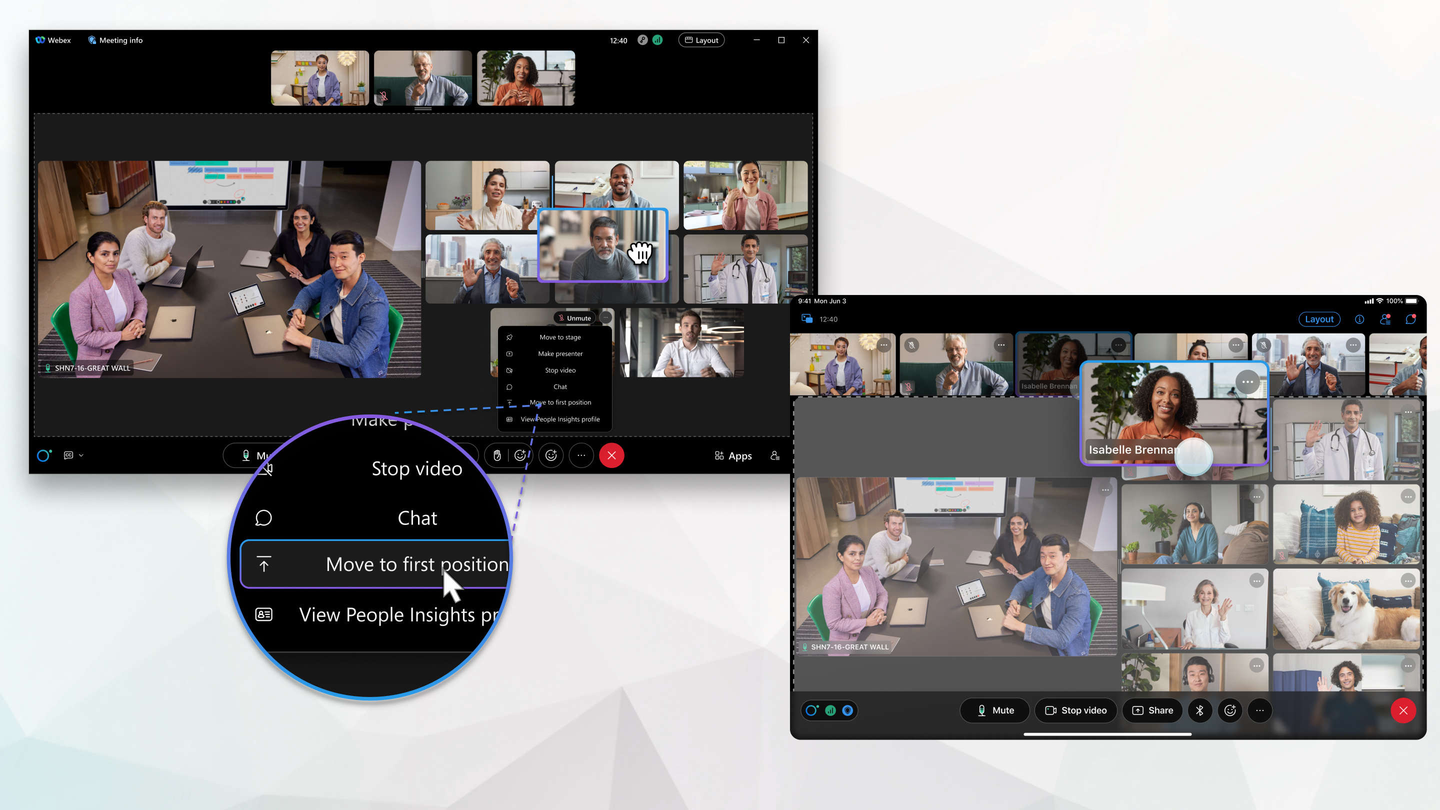 Rearranging your stage view within a meeting, including sending a video to the first position.
