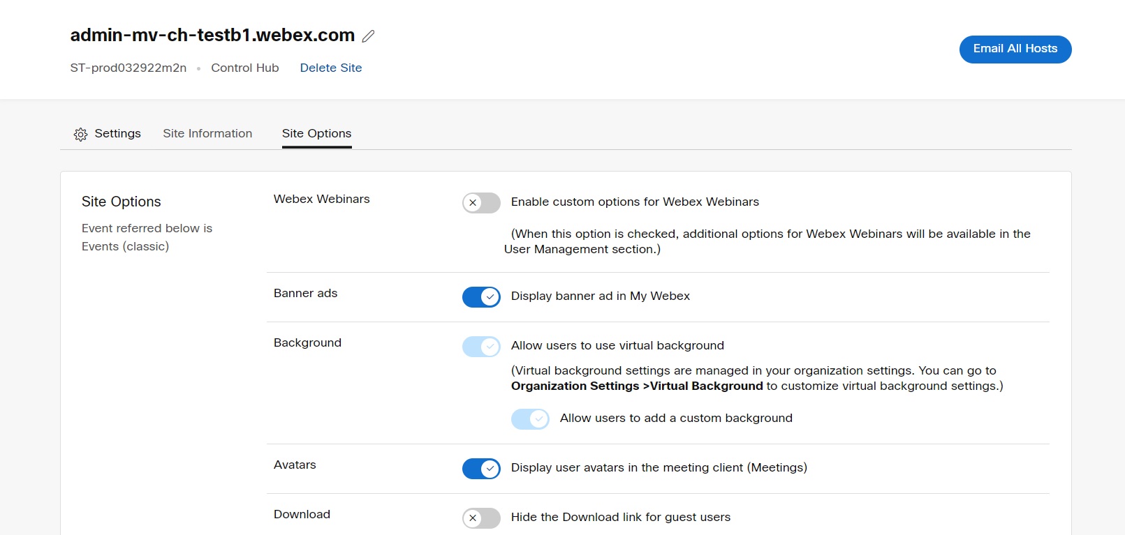 Site Options page with updated Control Hub design.