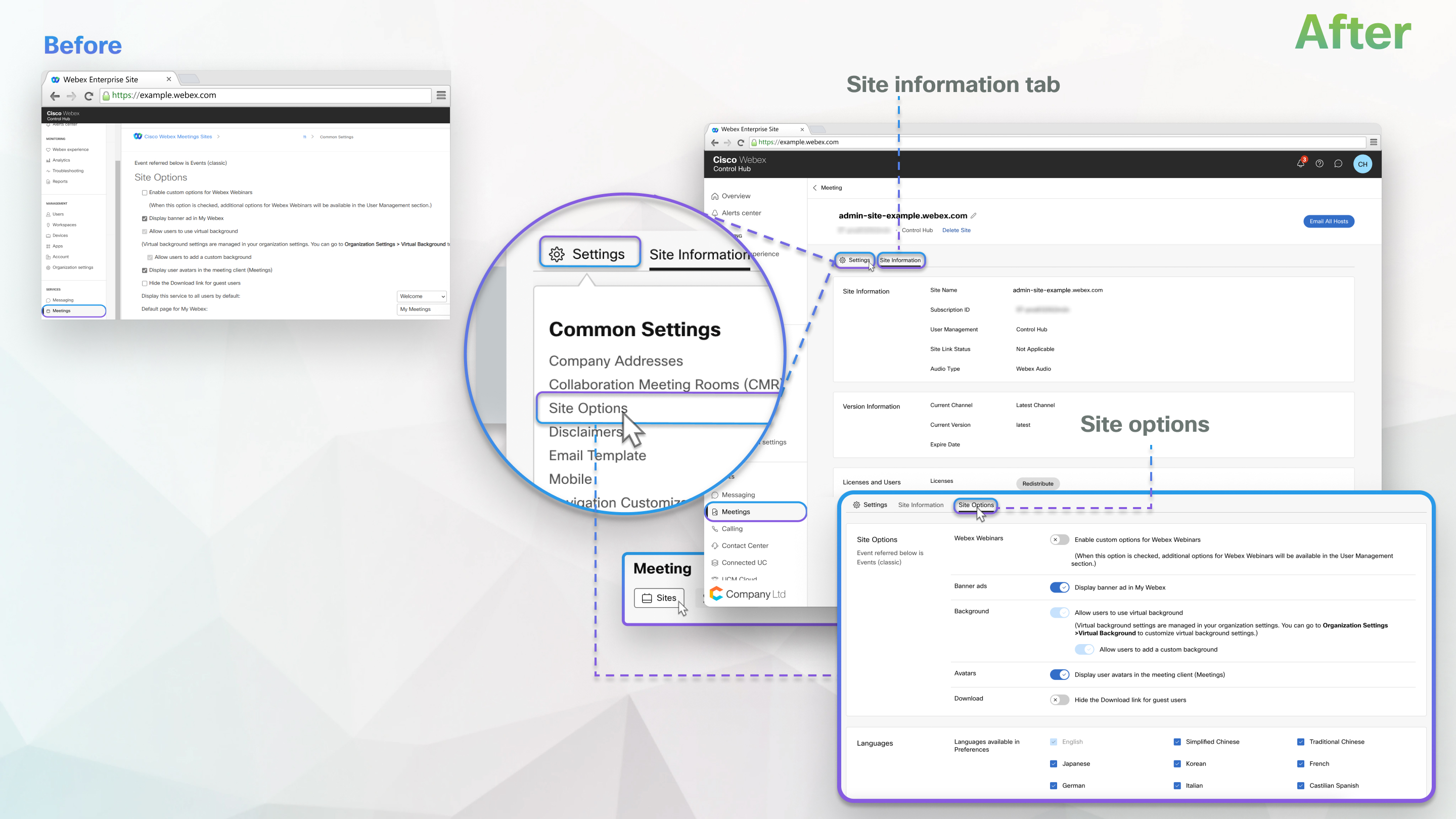 Control Hub'da site yönetimi için yeni görünüm