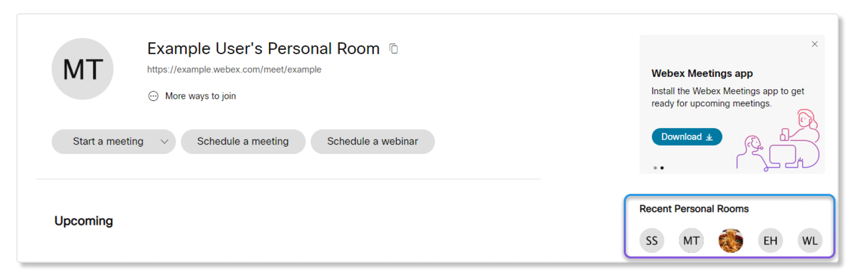 Recent Personal Rooms example in a Webex site