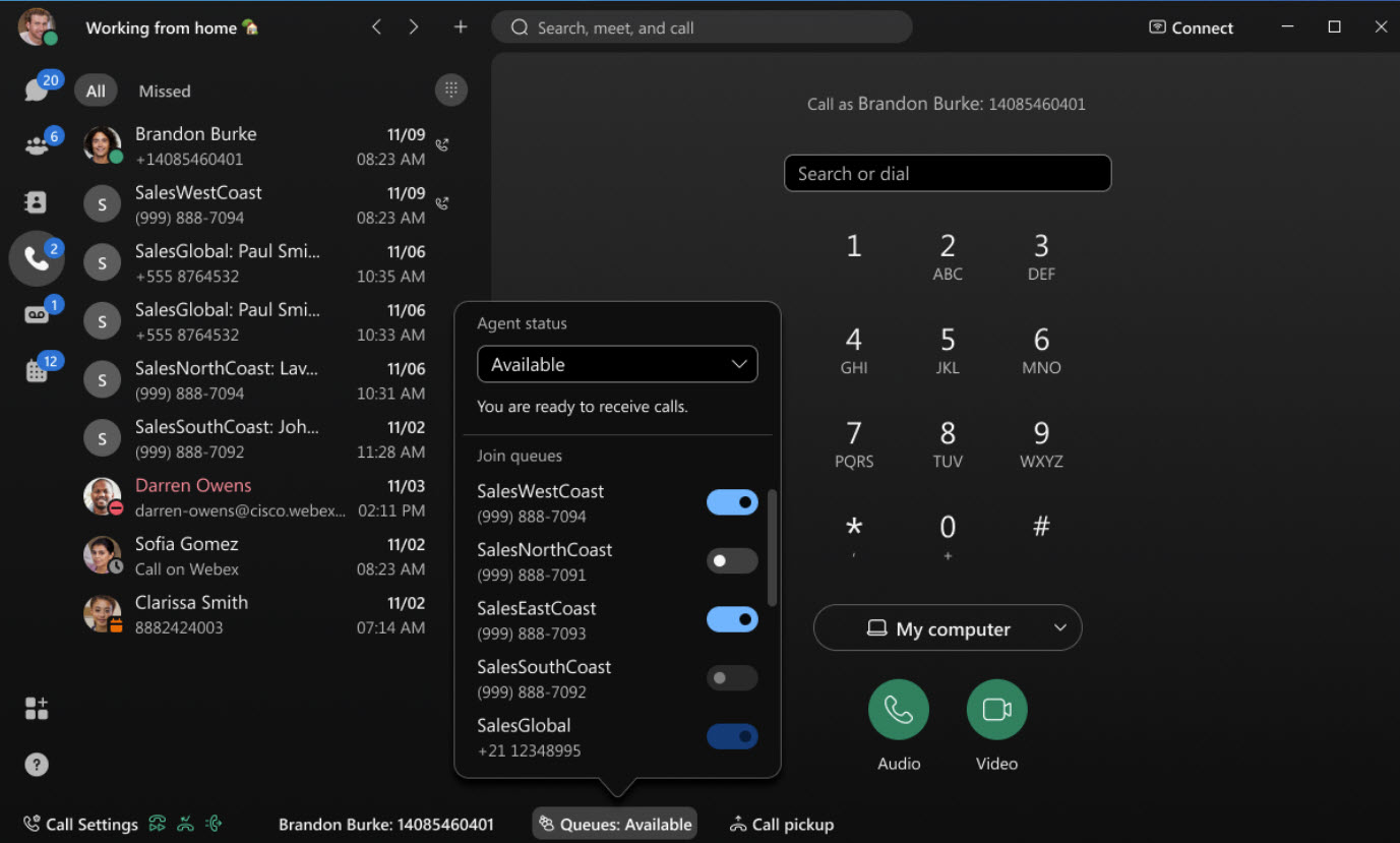 Možnosti fronty volání, které jsou k dispozici v zápatí aplikace