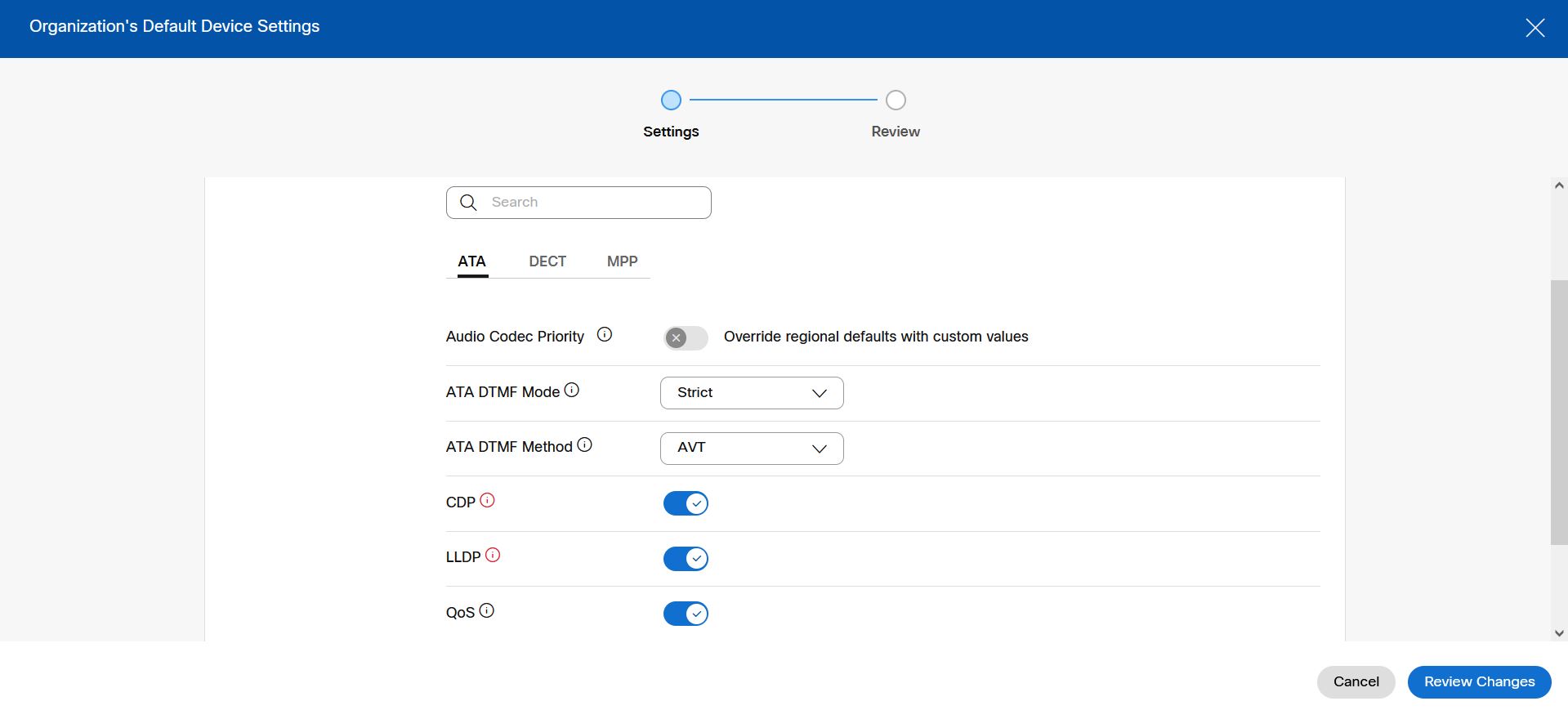 Organization's Default Device Settings page in Control Hub.