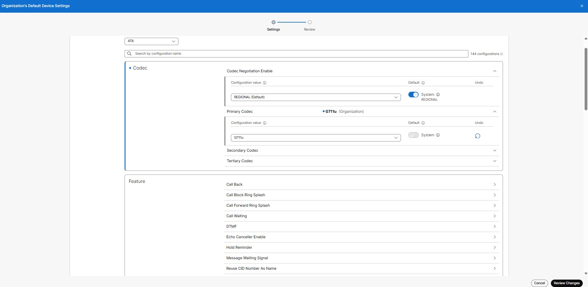 Organization's Default Device Settings page in Control Hub.