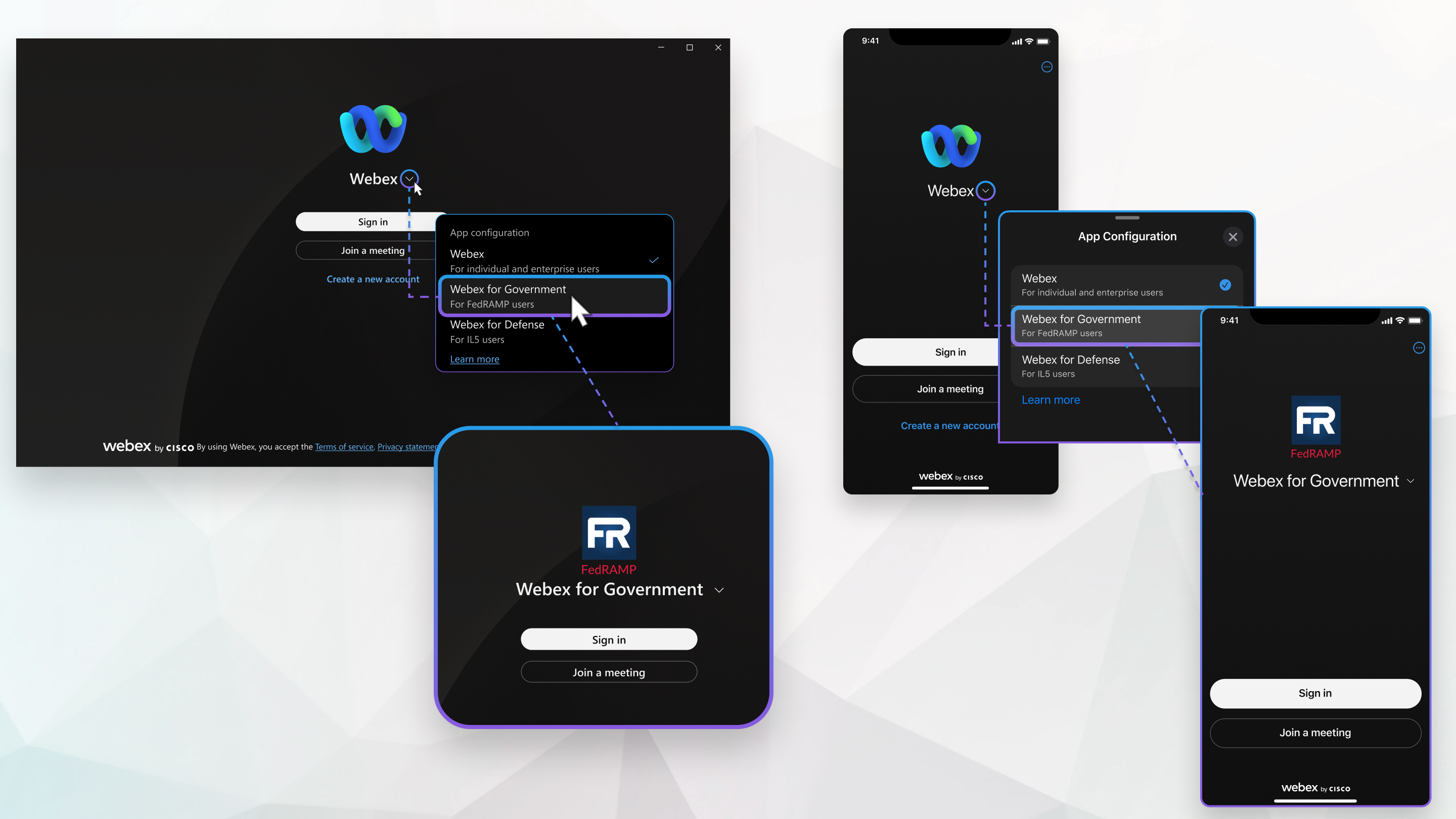 Telas de login para desktop e dispositivos móveis do Webex for Government