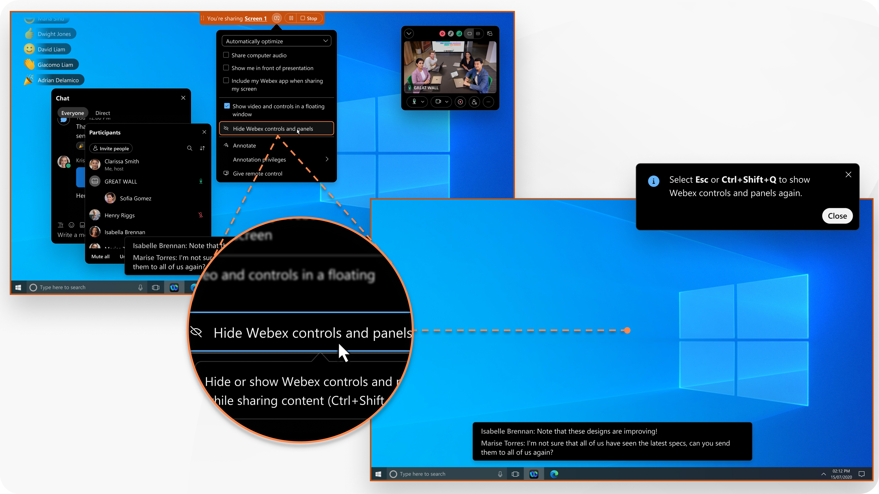 hide Webex controls and panels while sharing content