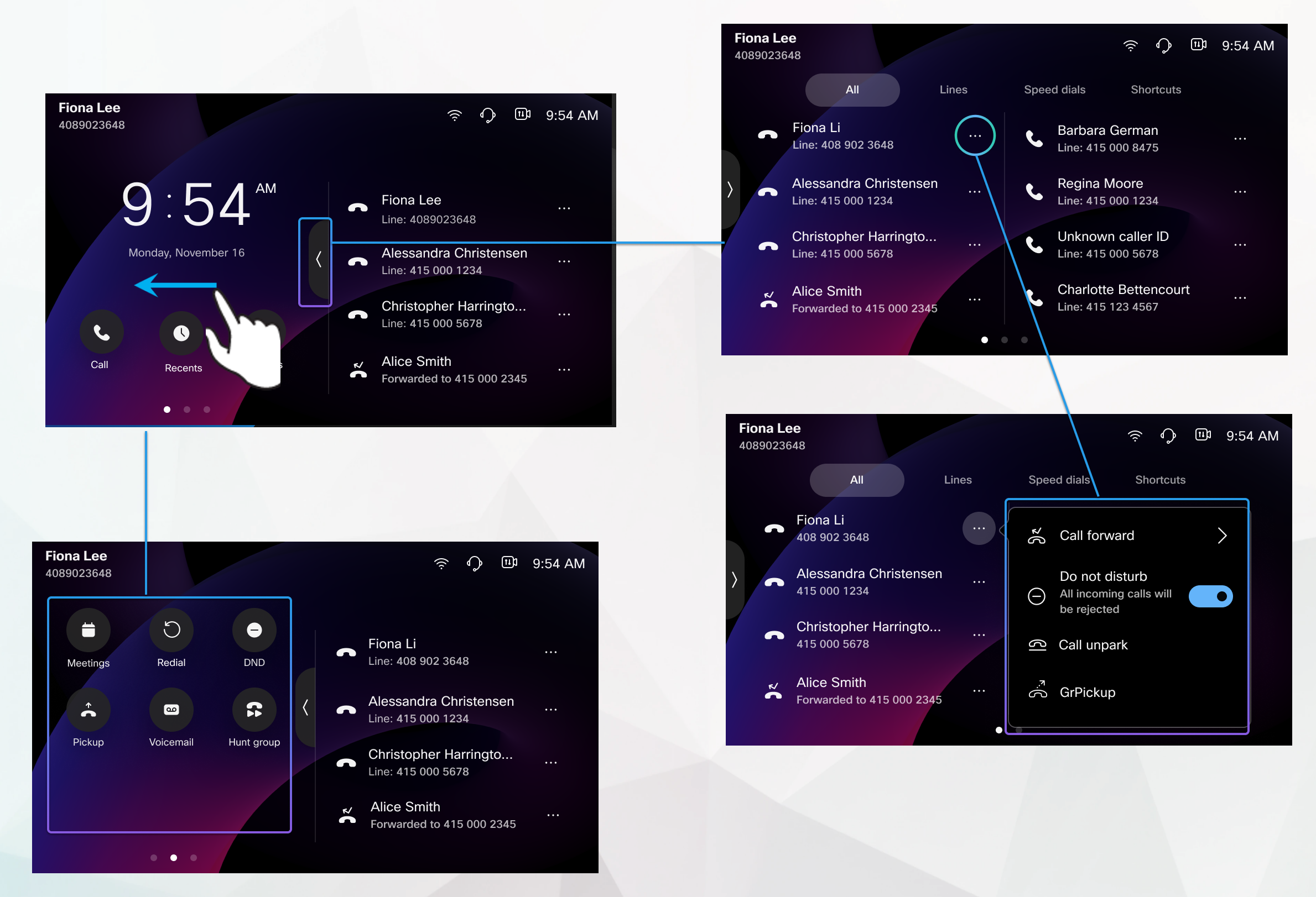 El flujo de trabajo para la navegación de pantalla en varias líneas