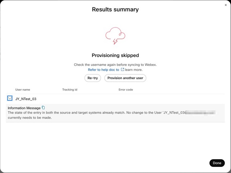 schermata dei risultati del provisioning utente