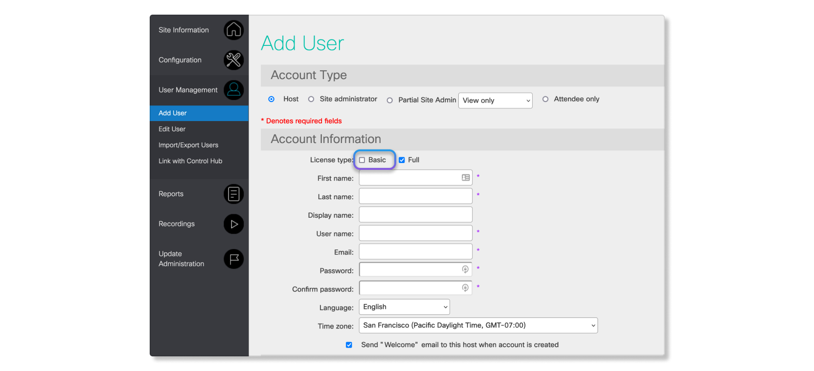 Basic Meetings-Lizenz in der Site-Administration.