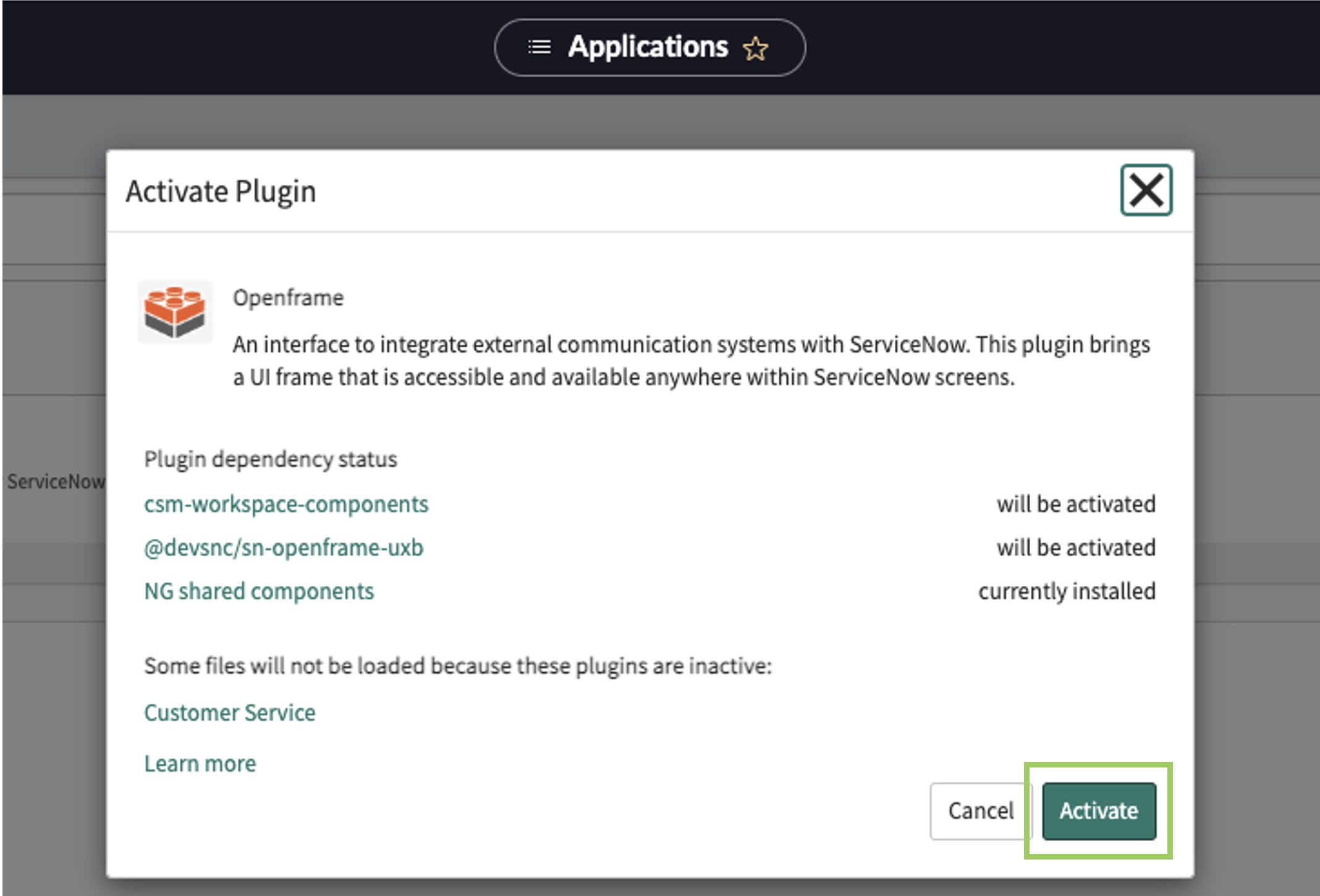 OpenFrame eklentisini gösteren ServiceNow geliştirici örneği, 'Etkinleştir' düğmesi vurgulanmış olarak açılır pencere.