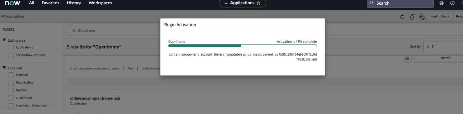 OpenFrame eklenti etkinleştirme yüklemesini gösteren ServiceNow geliştirici örneği.
