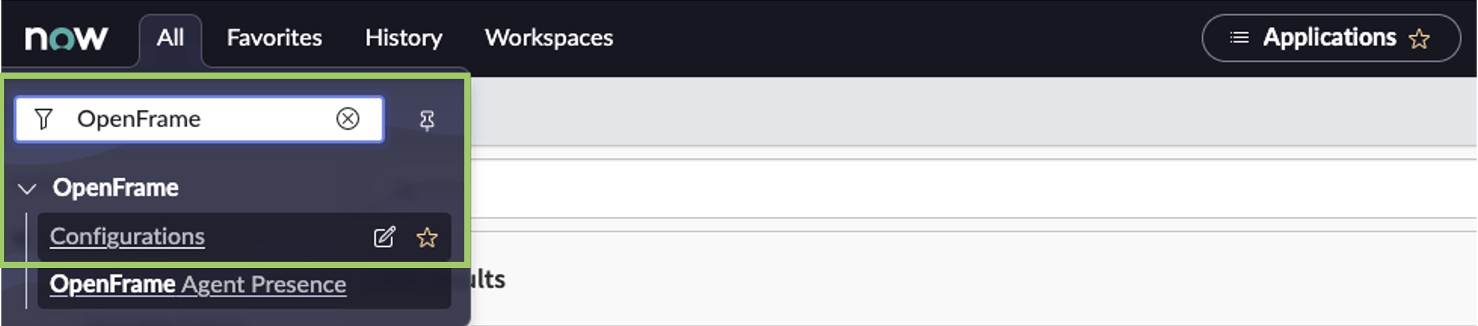 Filtre gezgini aramasında OpenFrame Yapılandırmalarını gösteren ServiceNow geliştirici örneği.