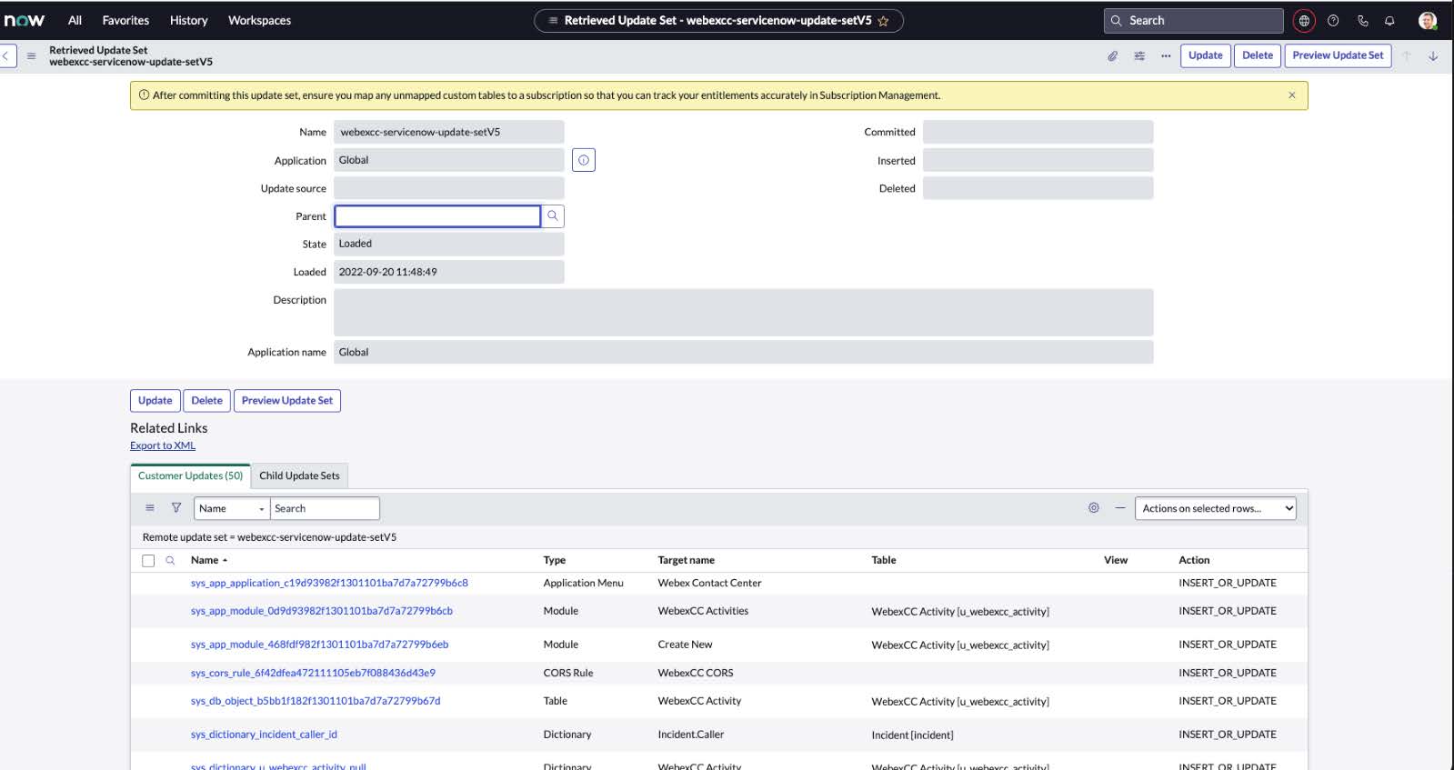 ServiceNow geliştirici portalı güncellenmiş bir dosyanın güncelleme kümeleri listesini aldı.