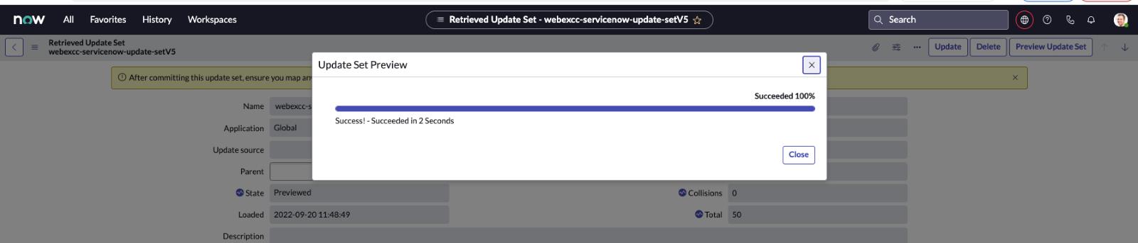 Güncelleme kümesi önizleme başarı bildirimi ile ServiceNow geliştirici portalı.