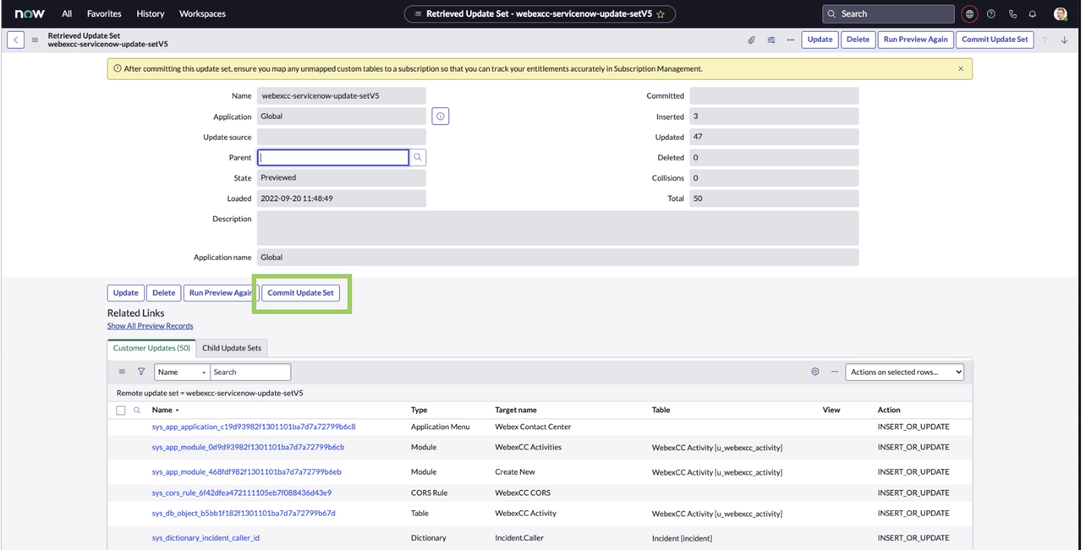 ServiceNow geliştirici portalı, 'Güncelleme Kümesini Üstlen' düğmesi vurgulanmış olarak güncellenmiş bir dosyanın güncelleme setleri listesini aldı.