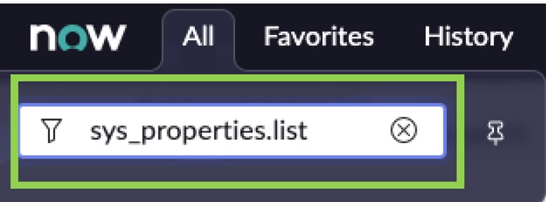 'Tümü' sekmesindeki filtre gezgininde 'sys_properties.list' için bir arama gösteren ServiceNow geliştirici örneği