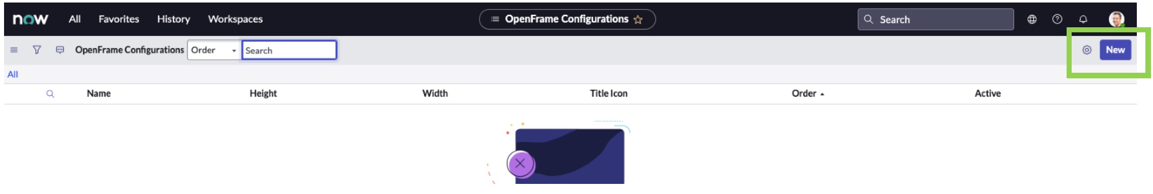 'Yeni' vurgulanmış ServiceNow geliştirici örneği OpenFrame Yapılandırmaları sayfası.