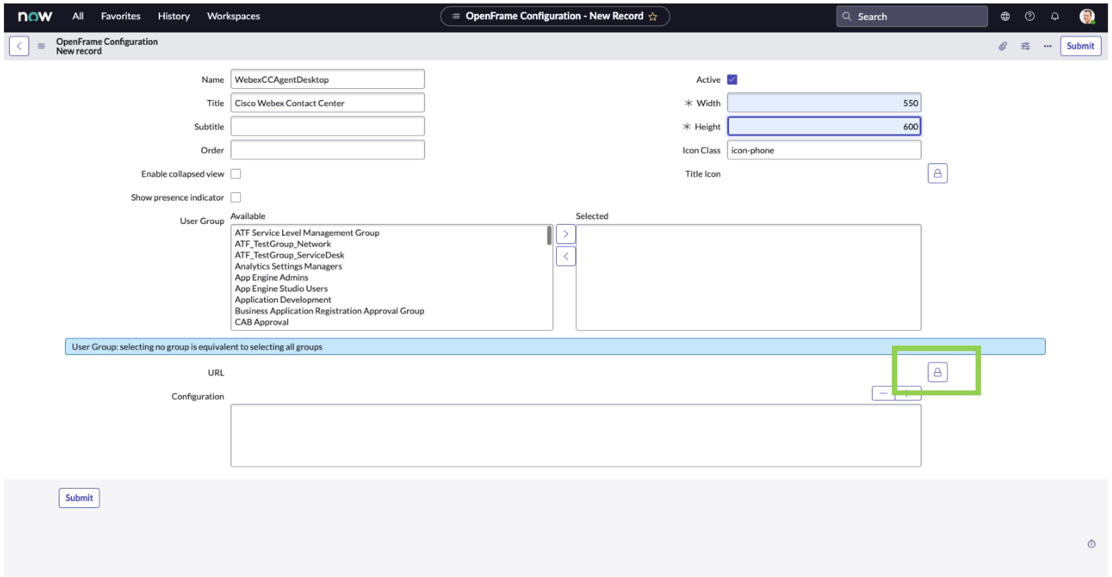 ServiceNow geliştirici örneği OpenFrame Yapılandırmaları – Kilit simgesi vurgulanmış Yeni Kayıt sayfası.