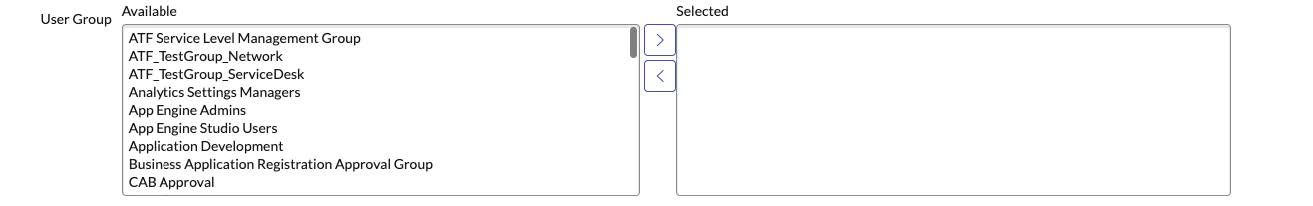 ServiceNow geliştirici örneği OpenFrame Yapılandırmaları – Yeni Kayıt kullanıcı grubu seçimi.