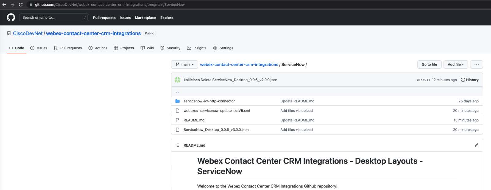 Webex Contact Center CRM Entegrasyonları – Masaüstü Yerleşimleri – ServiceNow için Git sayfası.