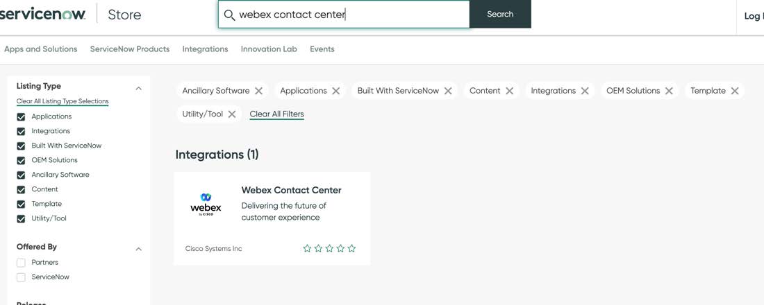 Arama alanında 'webex iletişim merkezi' ile ServiceNow deposu.